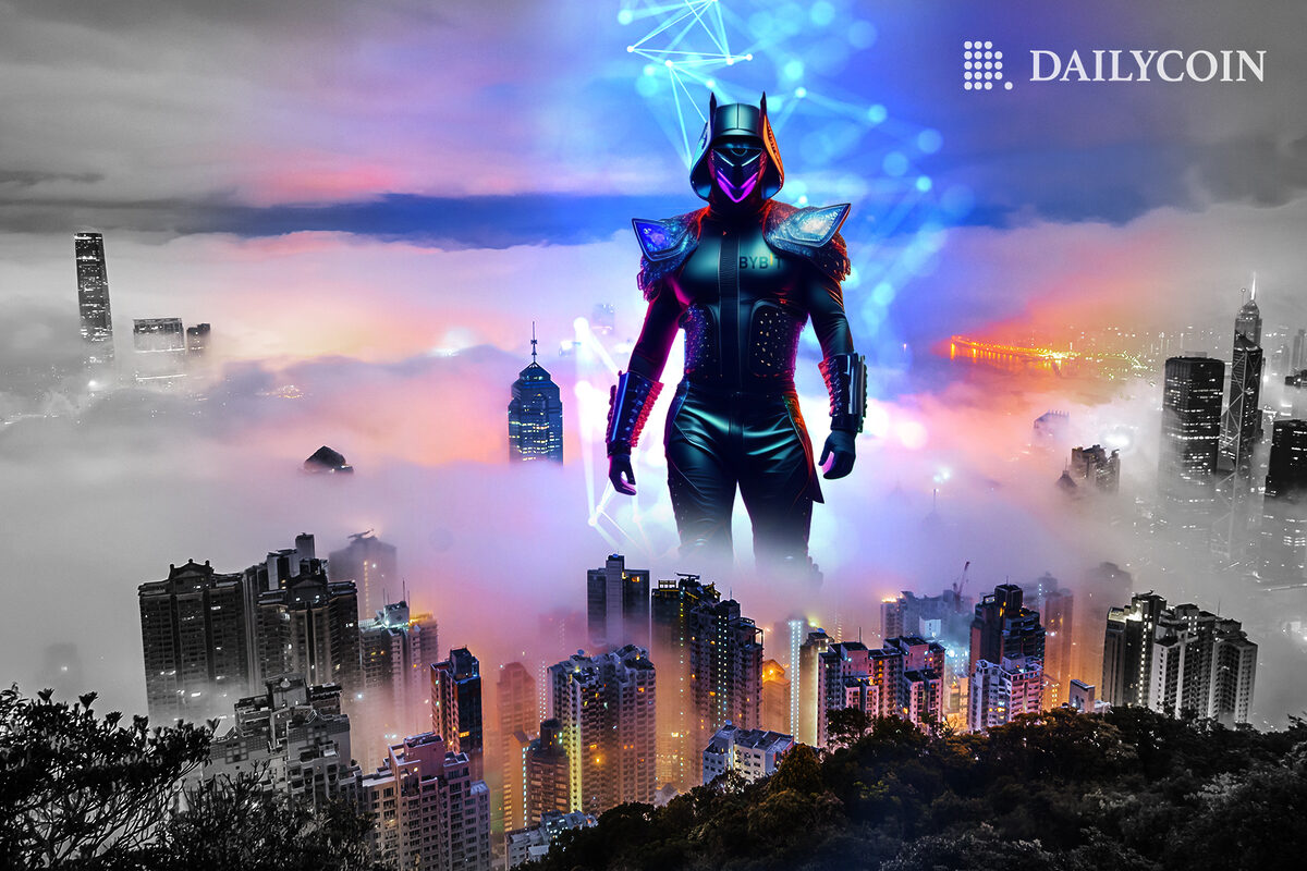A huge futuristic humanoid with the Bybit logo towering over a foggy Hong Kong