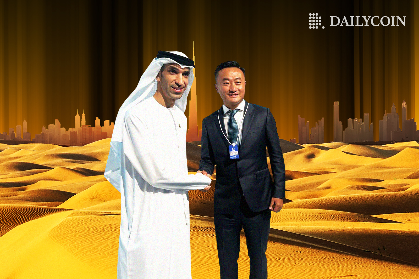 Bybit CEO shaking hands with a Dubai official in the desert.