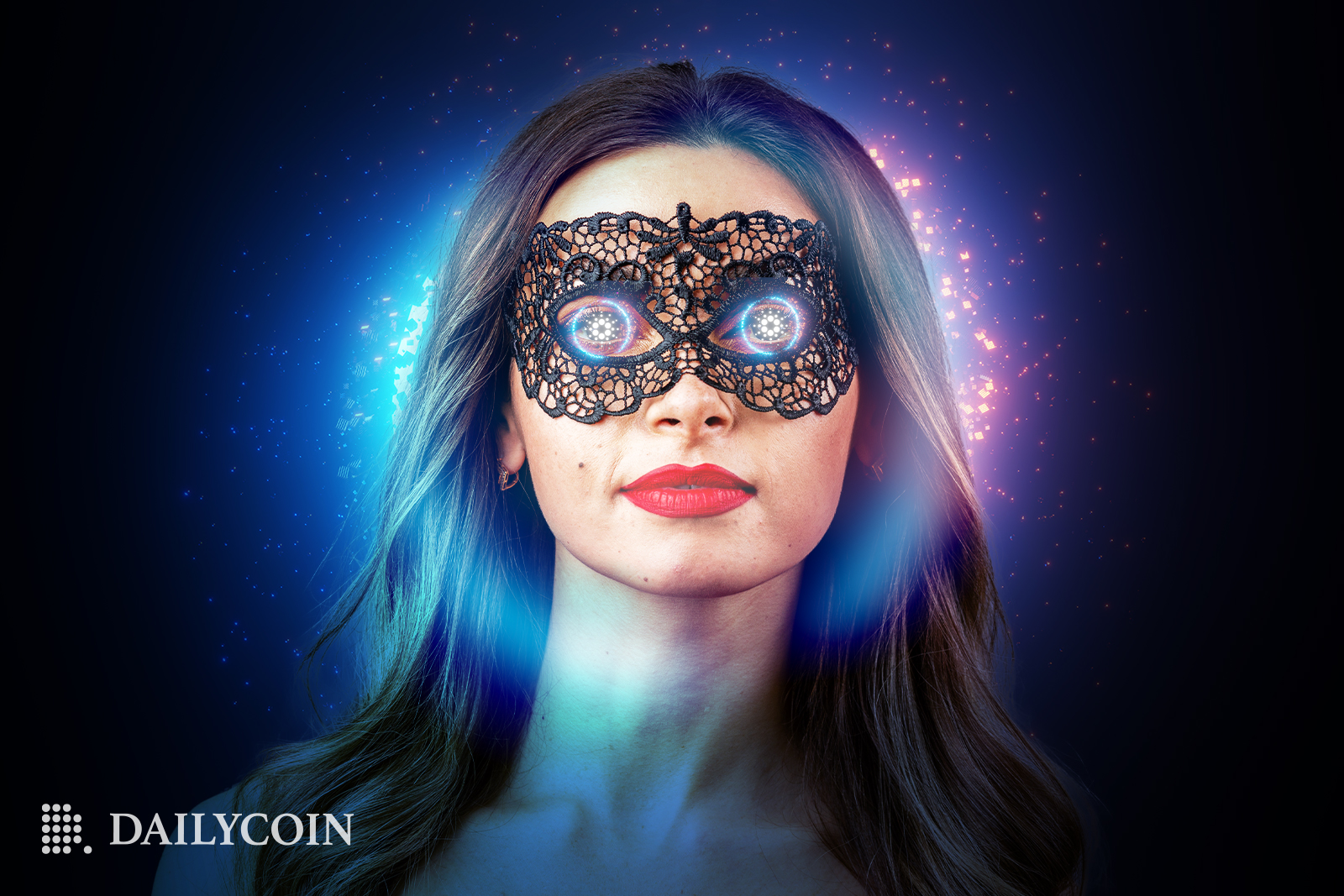 A long haired woman wearing a black lace carnival mask with Cardano logo for eyes.