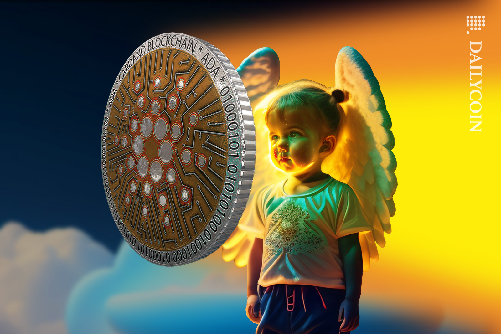 A little boy with wings representing an angel in the sky staring at Cardano ADA coin with bright yellow light coming out of it.
