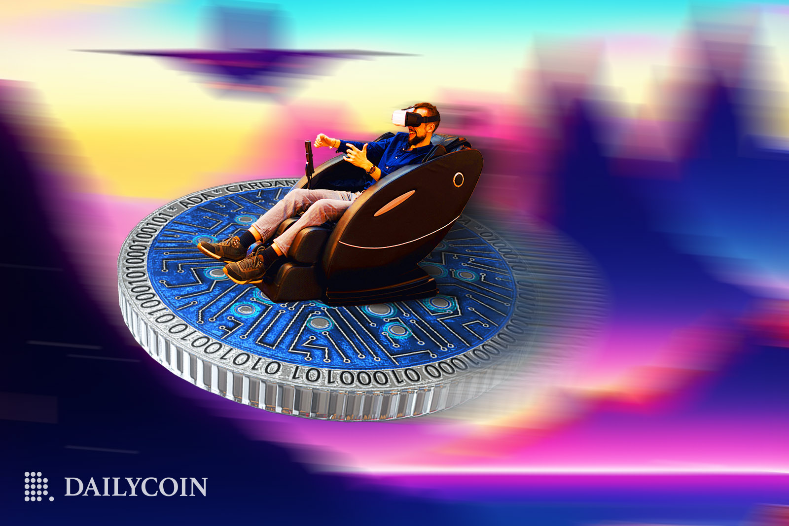 A man in a gaming chair flying on giant Cardano ADA token.