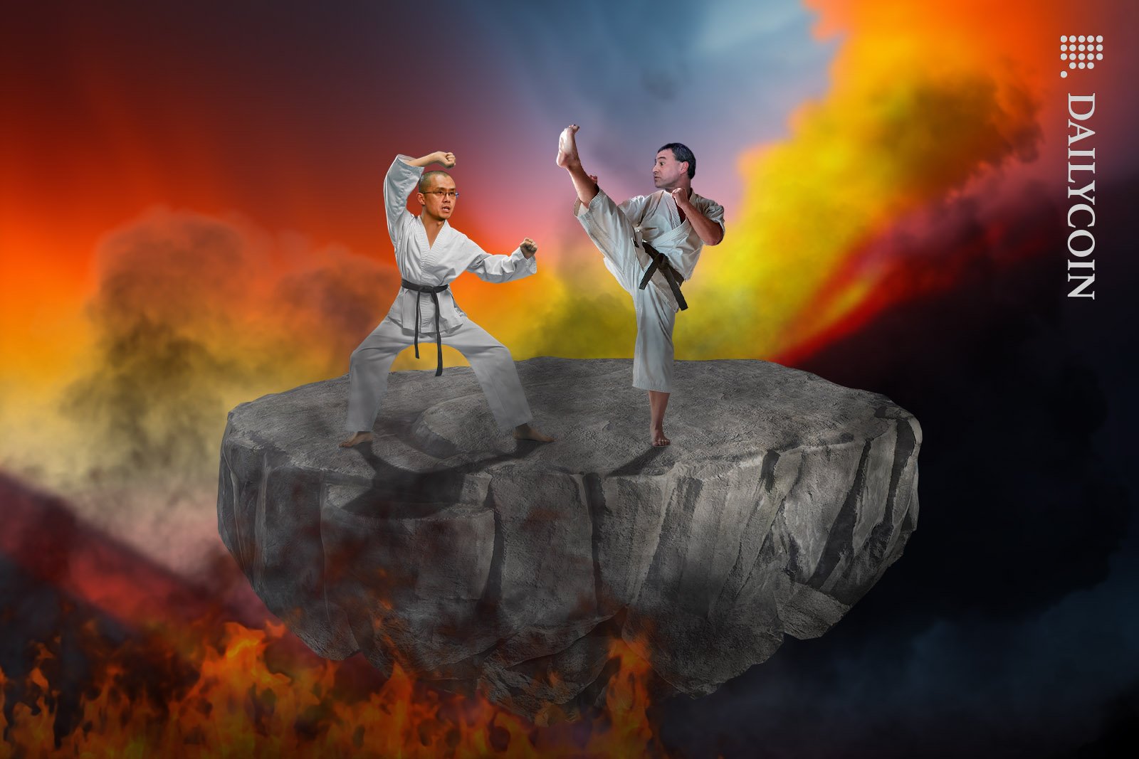 Changpeng Zhao and Stephen Ehrlich having a karate fight on a floating bolder, surrounded by fire and smoke.