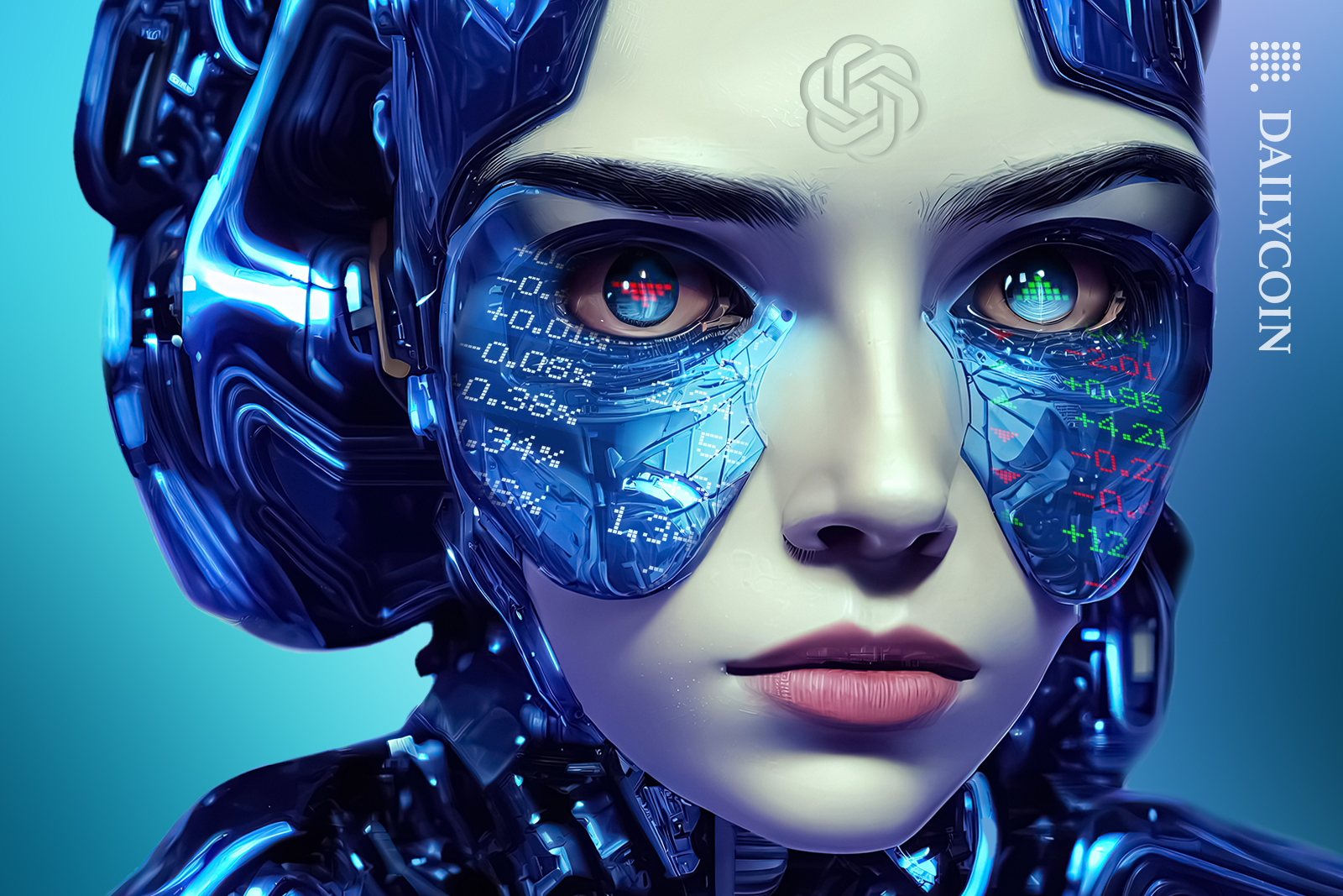 robot lady with chatgbt logo on forehead and eyes arrow one down red and the other green up and stock prices face detail