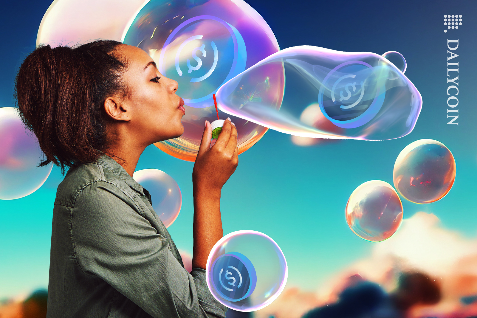 Girl blowing bubbles with Circle USD inside.