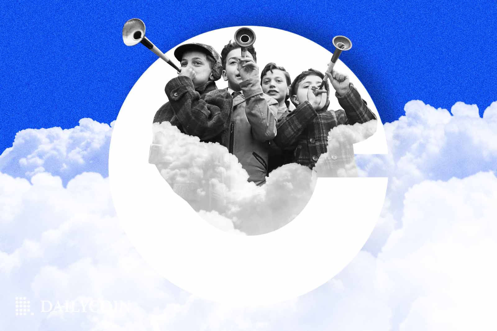 Kids with trumpets above the clouds performing in front of Coinbase logo.