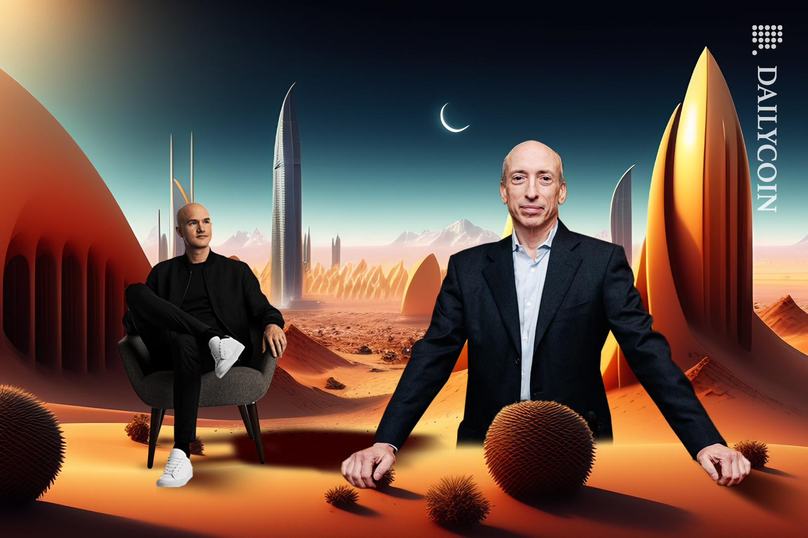 Brian Armstrong sitting on a chair in the middle of the futuristic desert city next to SEC chair Gary Gensler half buried in sand.