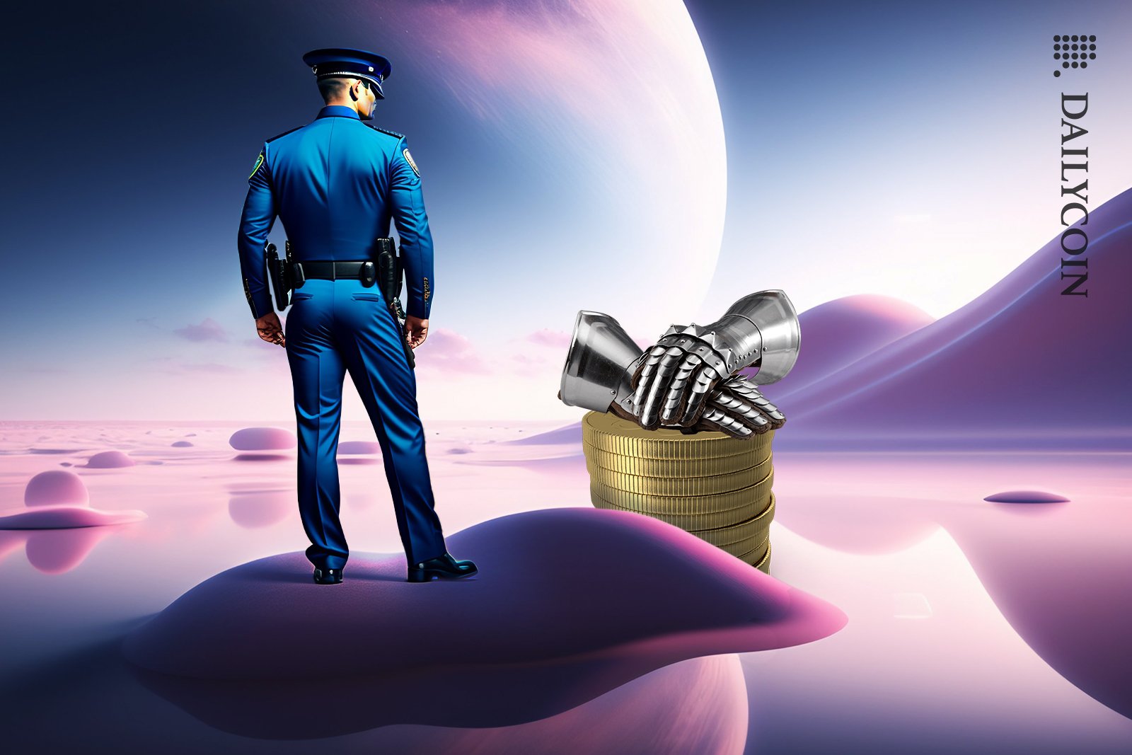 Policeman in outer space looking over two hands on a neatly stacked crypto coins.