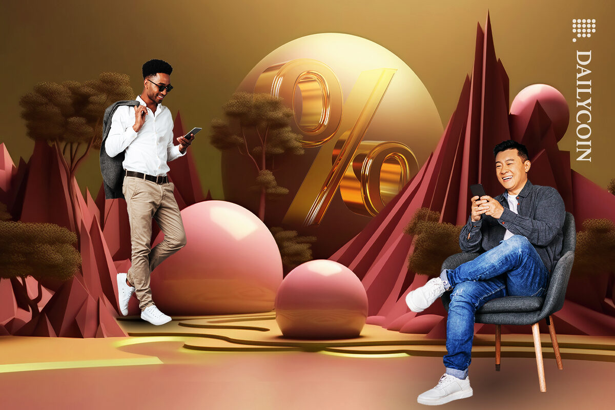 Two smiling men on their mobiles and a bubble with percentage symbol on a modern mountain 3D illustrated background.