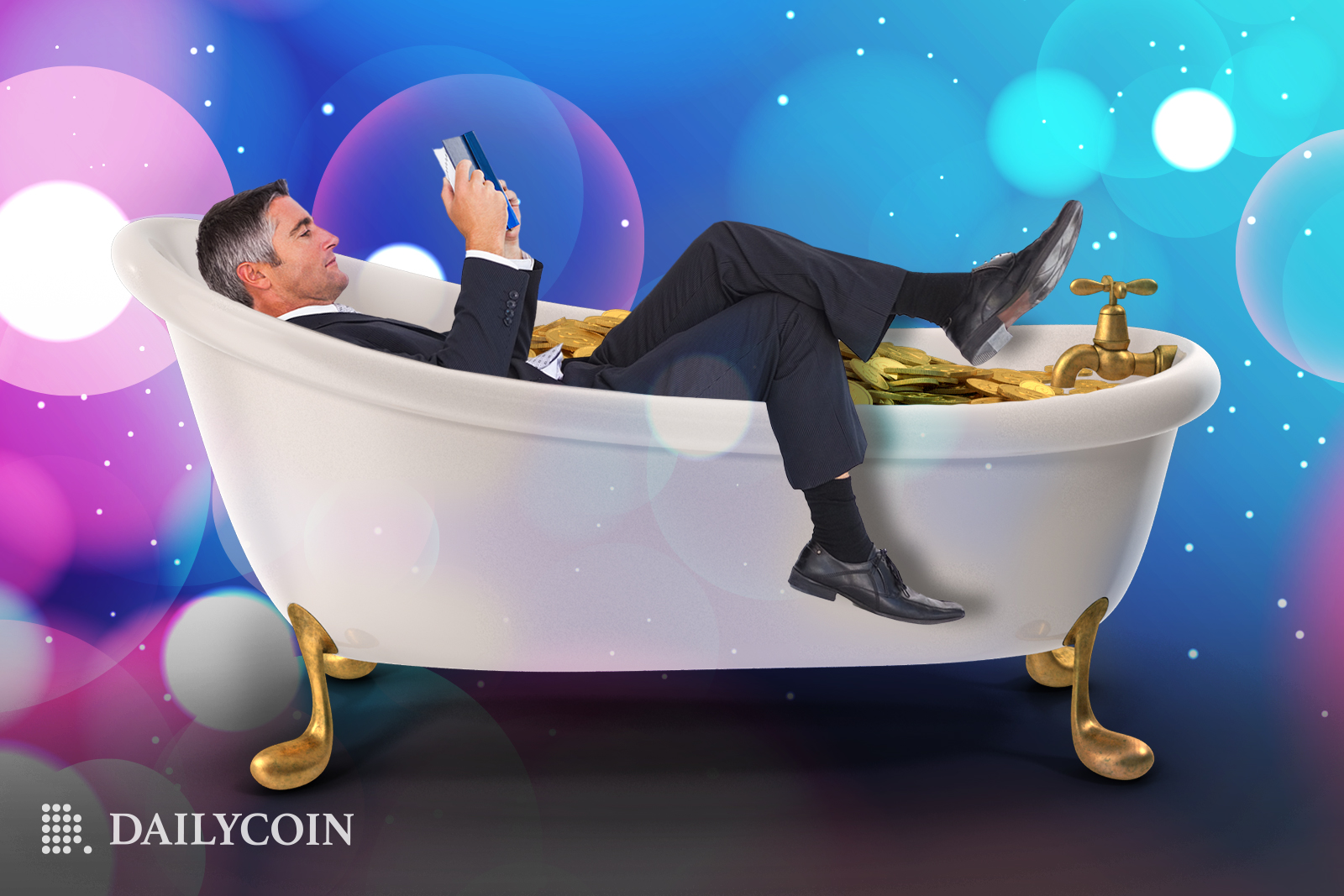 A man in a suit is taking a bath while reading a book in a bathtub full of coins.