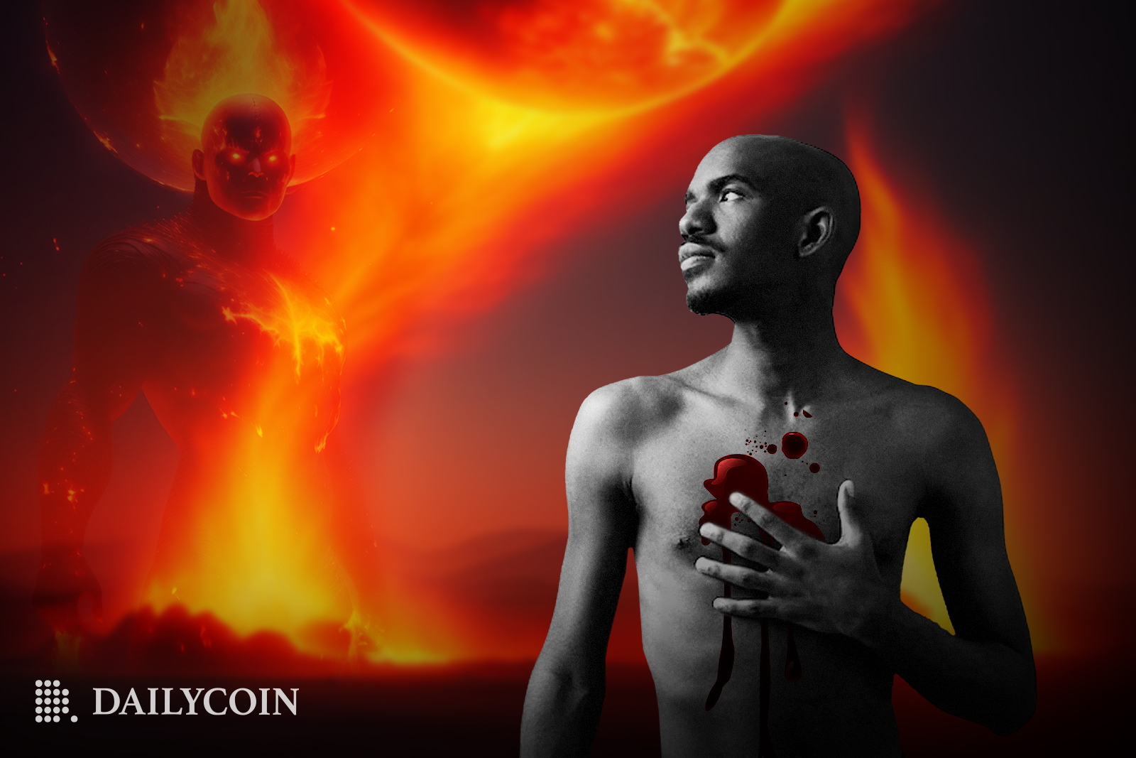 A bleeding man standing in front of a huge fire creature.