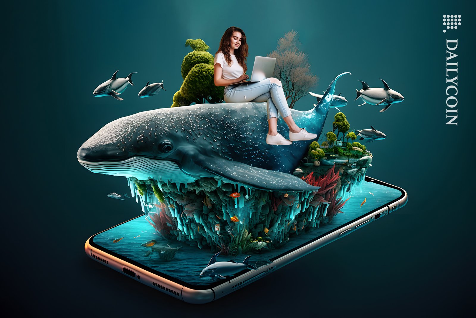 Phone displaying a 3d visual of a woman working on her laptop while sitting on top of a whale and other ocean inhabitants and flora.
