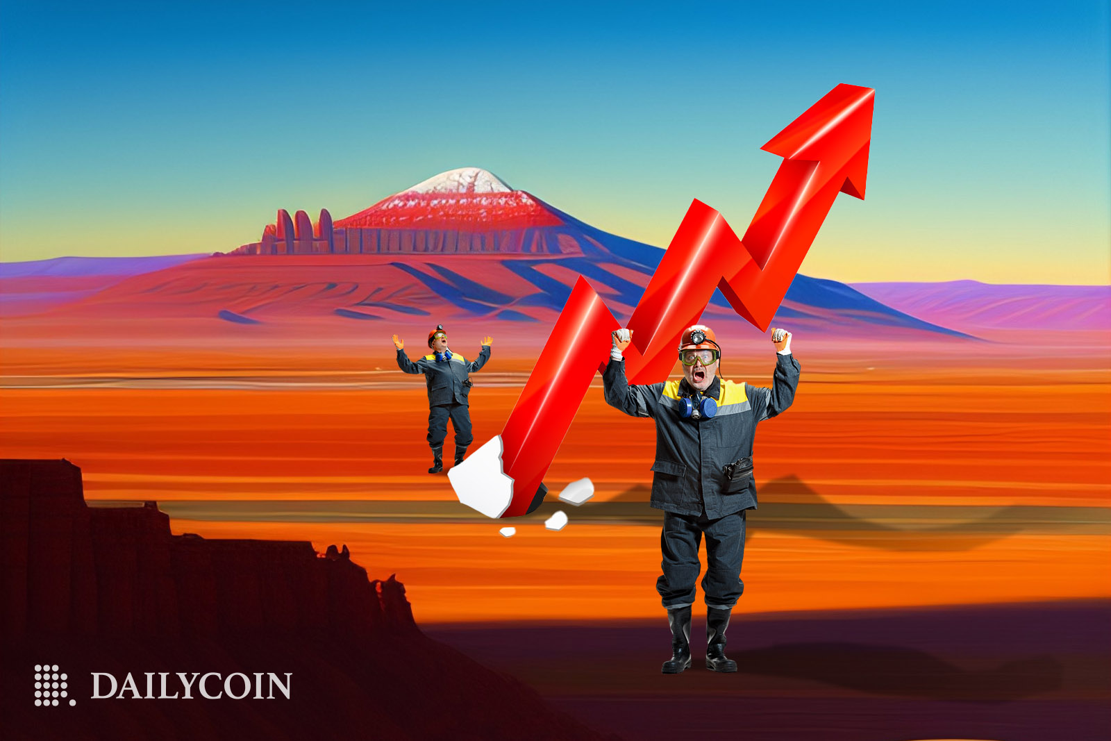 Crypto miner at the desert holding a red arrow pointing upwards