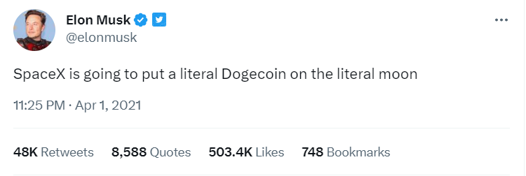 Elon musk tweet promising to put a literal dogecoin on the literal moon