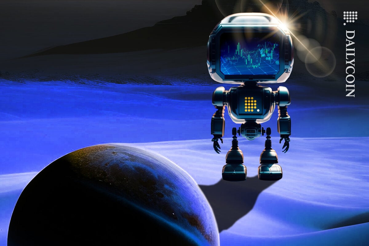A small space robot with DailyCoin logo on his chest looking at a tiny planet.