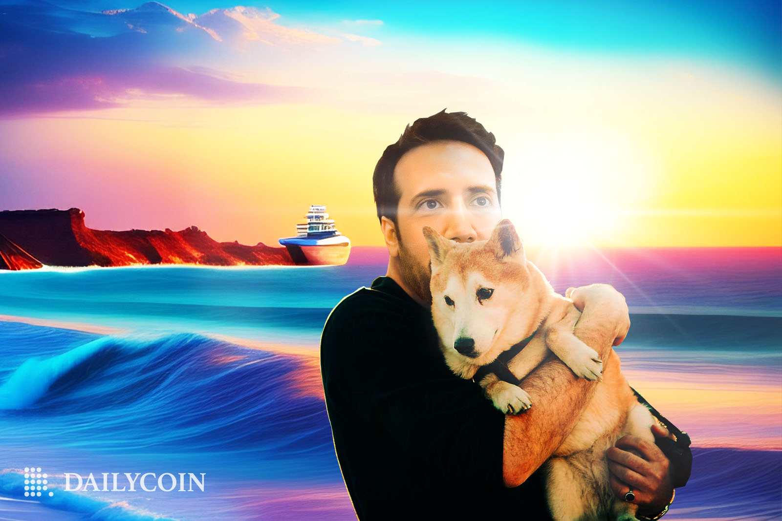 David Gokhshtein holding a Shiba Inu dog at the beach waiting for the sunset surrounded by colorful clouds and contemplating.