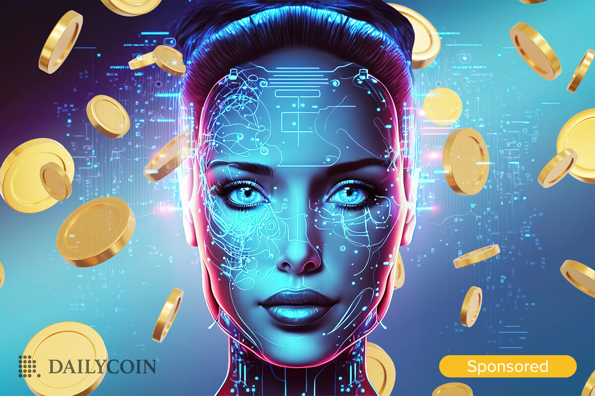 Woman robot face surrounded by falling DeFi AI coins.