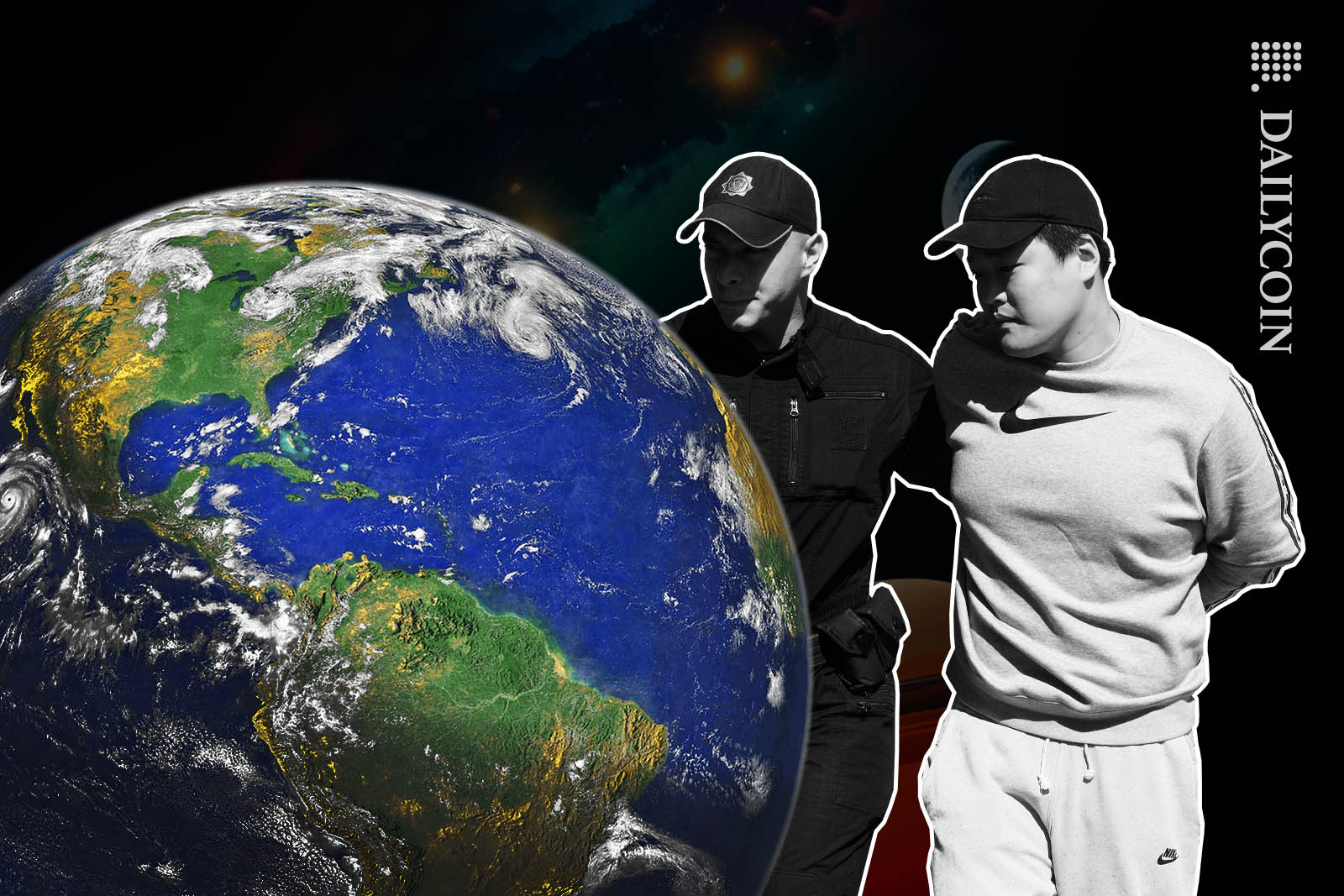 Do Kwon being arrested next to a tiny earth.
