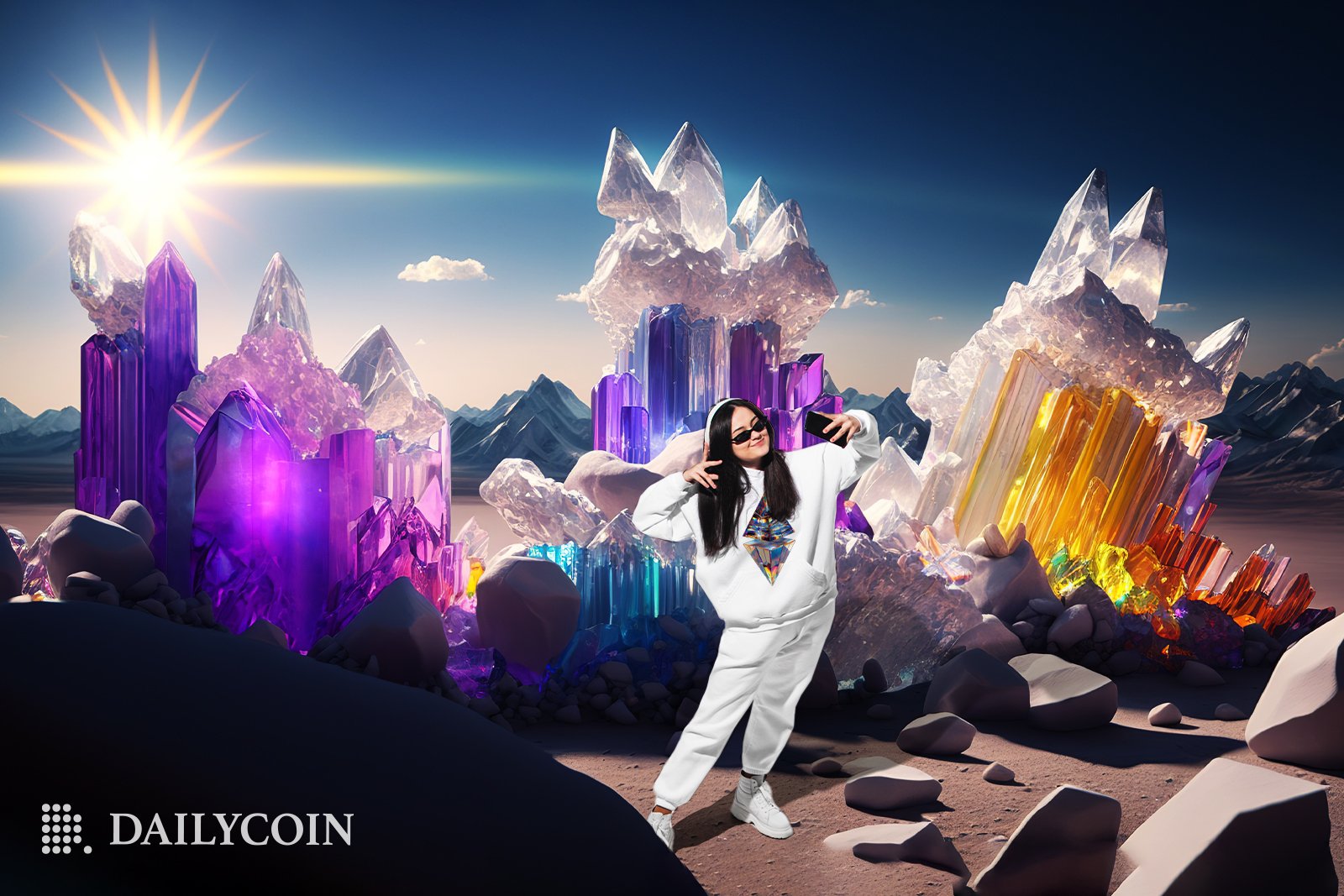 A girl in a white hoodie wearing sunglasses does a selfie in front of colorful gems.
