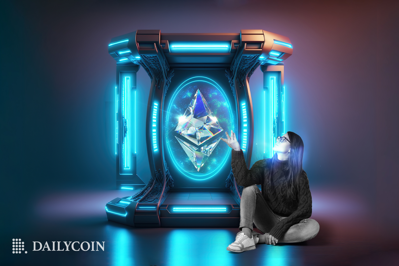 Woman sitting next to a bright blue box containing crystal Ethereum logo.