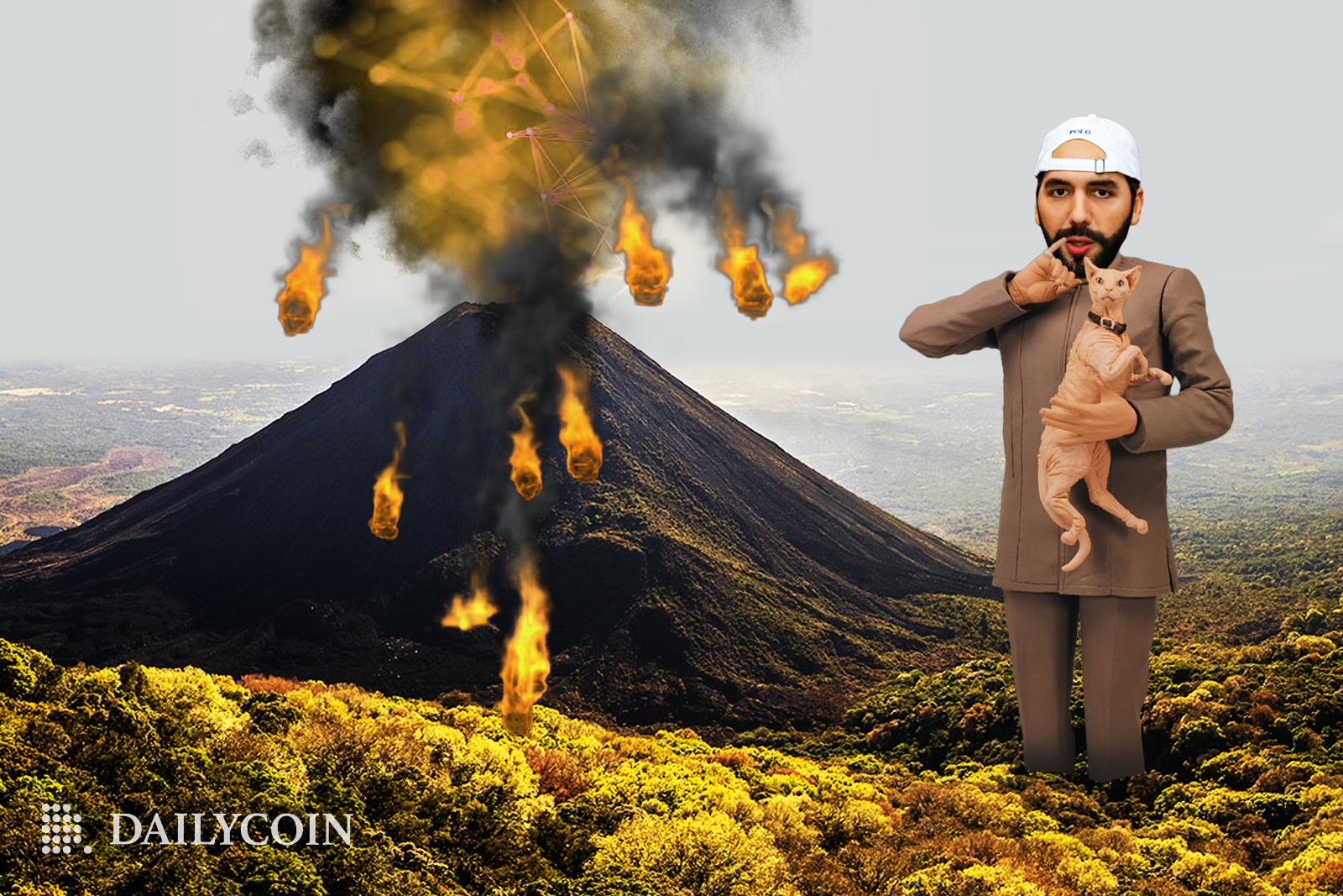 El Salvadoran President Nayib Bukele posing as Dr. Evil with a furless cat in his hands in an erupting volcano background.