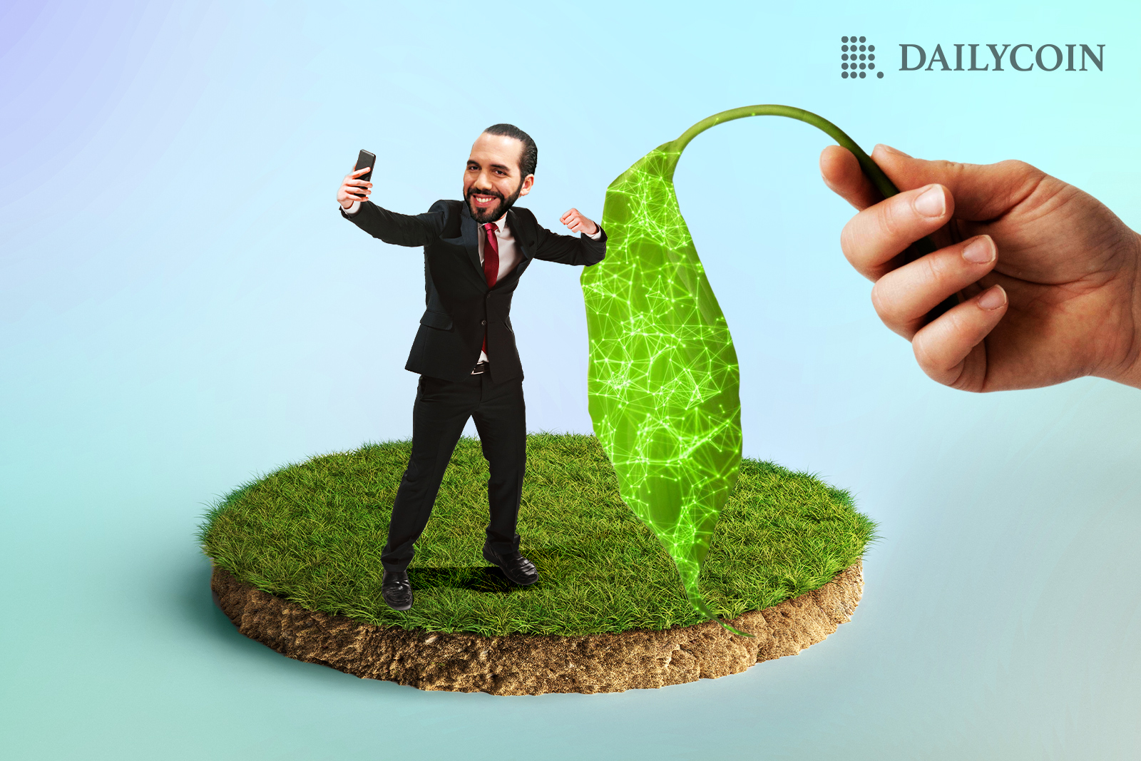 El Salvadoran President Nayib Bukele taking a selfie on a small circle of green field as a huge hand with big green leaf nears.