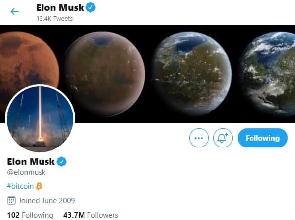 Elon musk adds #bitcoin to his twitter bio