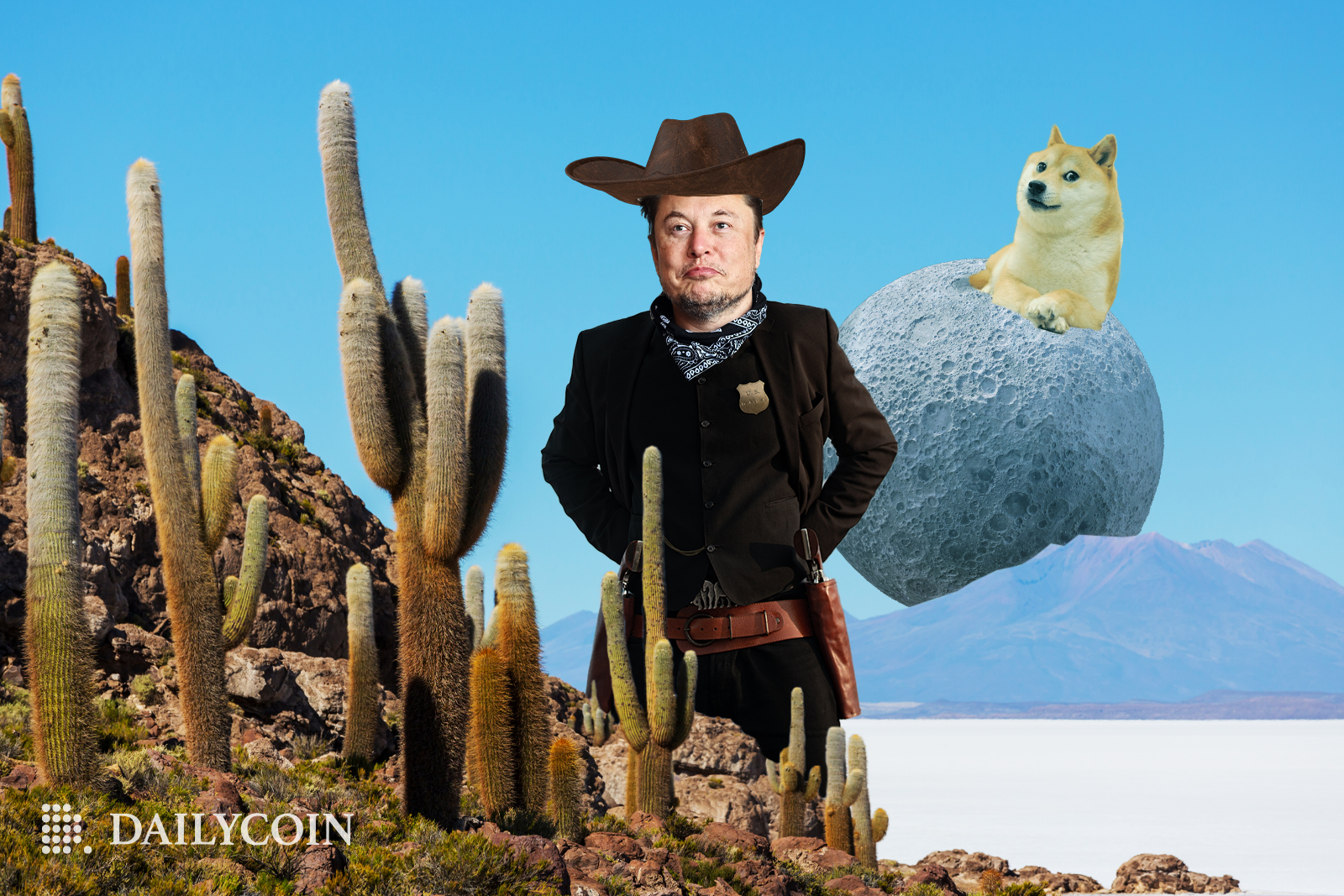 Elon Musk with a cowboy hat standing in the desert in front of doge on the moon.