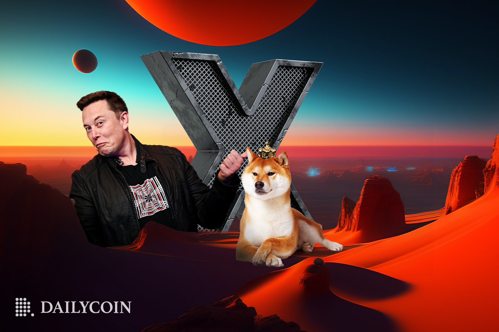 Elon Musk smiling and pointing the thumb to proudly sitting Shiba Inu dog with a crown on its head in 'X' app logo background.