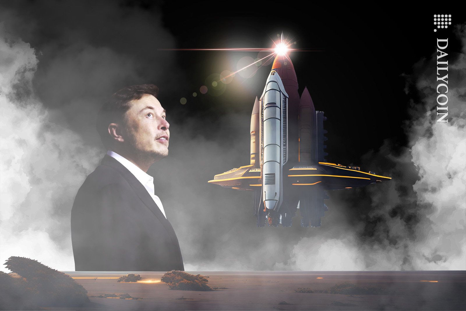 Elon Musk is looking at the Starship rocket, ready to spark up for Doge Day on 4:20.
