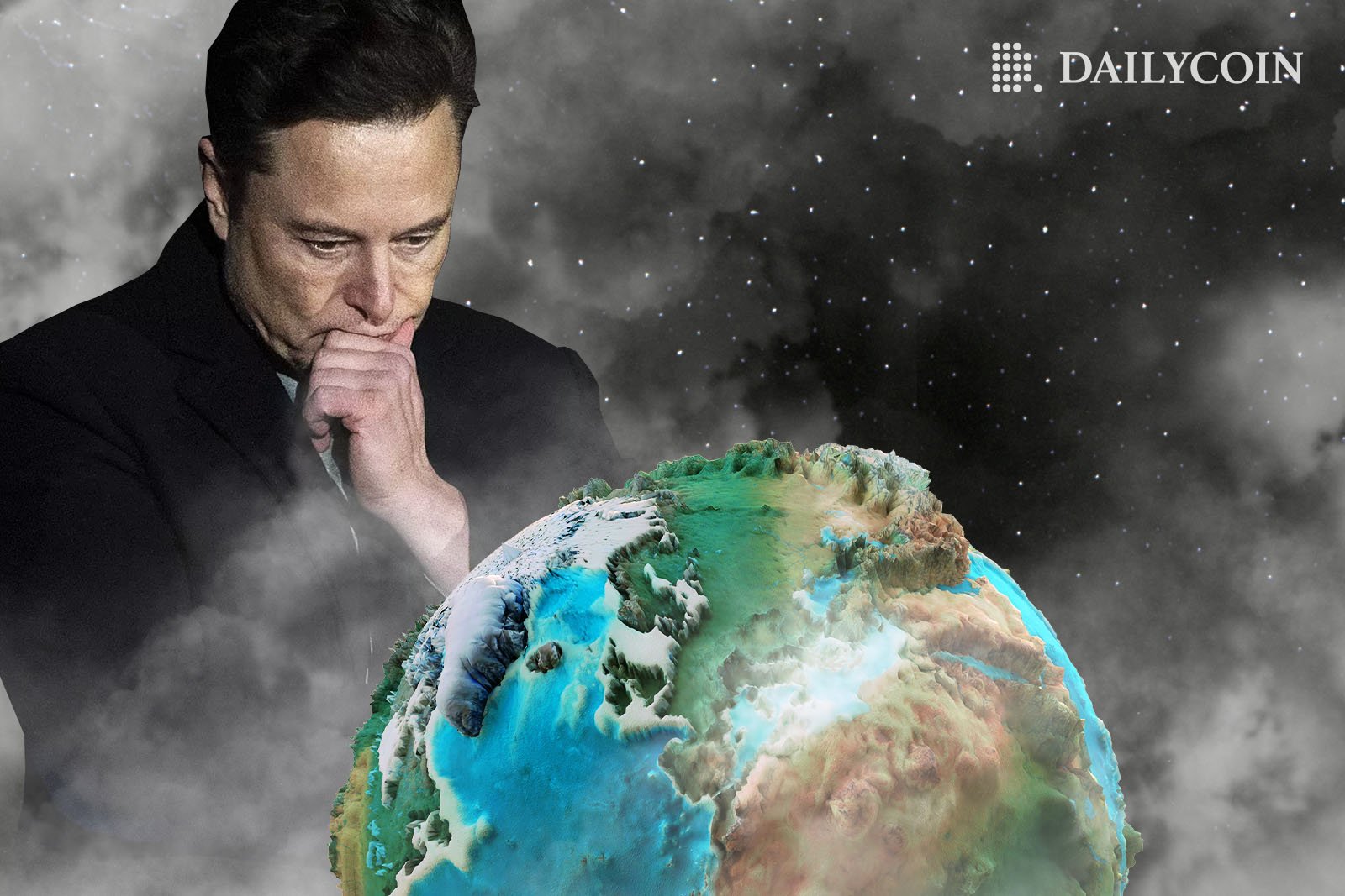 Elon Musk is gazing at the green and blue Planet Earth, thinking what stunt to pull next