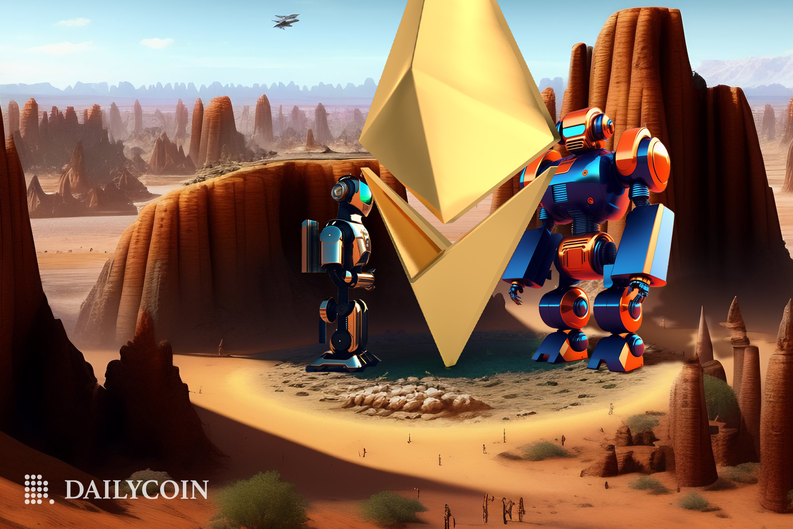 Two orange robots standing in the middle of the dessert next to a golden Ethereum logo.