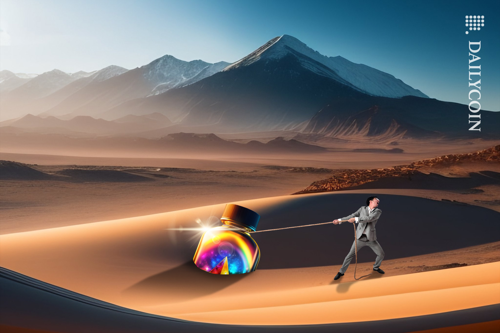 A man in a suit pulling out a giant jar with rainbow Ethereum logo on it out of the desert sand.
