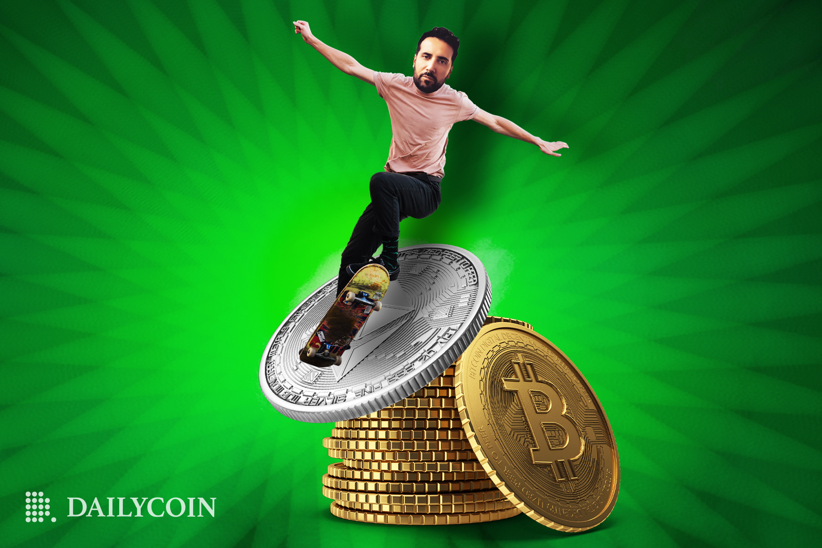 David Gokhshtein riding a skateboard on top of Ethereum and Bitcoin coin stack.