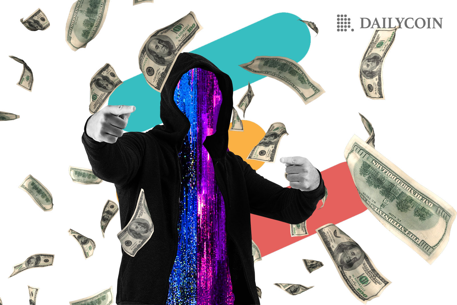 A man with cosmos instead of a body wearing a dark hoodie dancing surrounded by falling money.