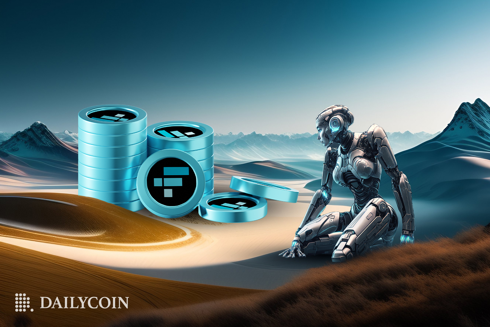 A silver robot sitting down in a snow covered desert near neatly stacked FTT tokens.