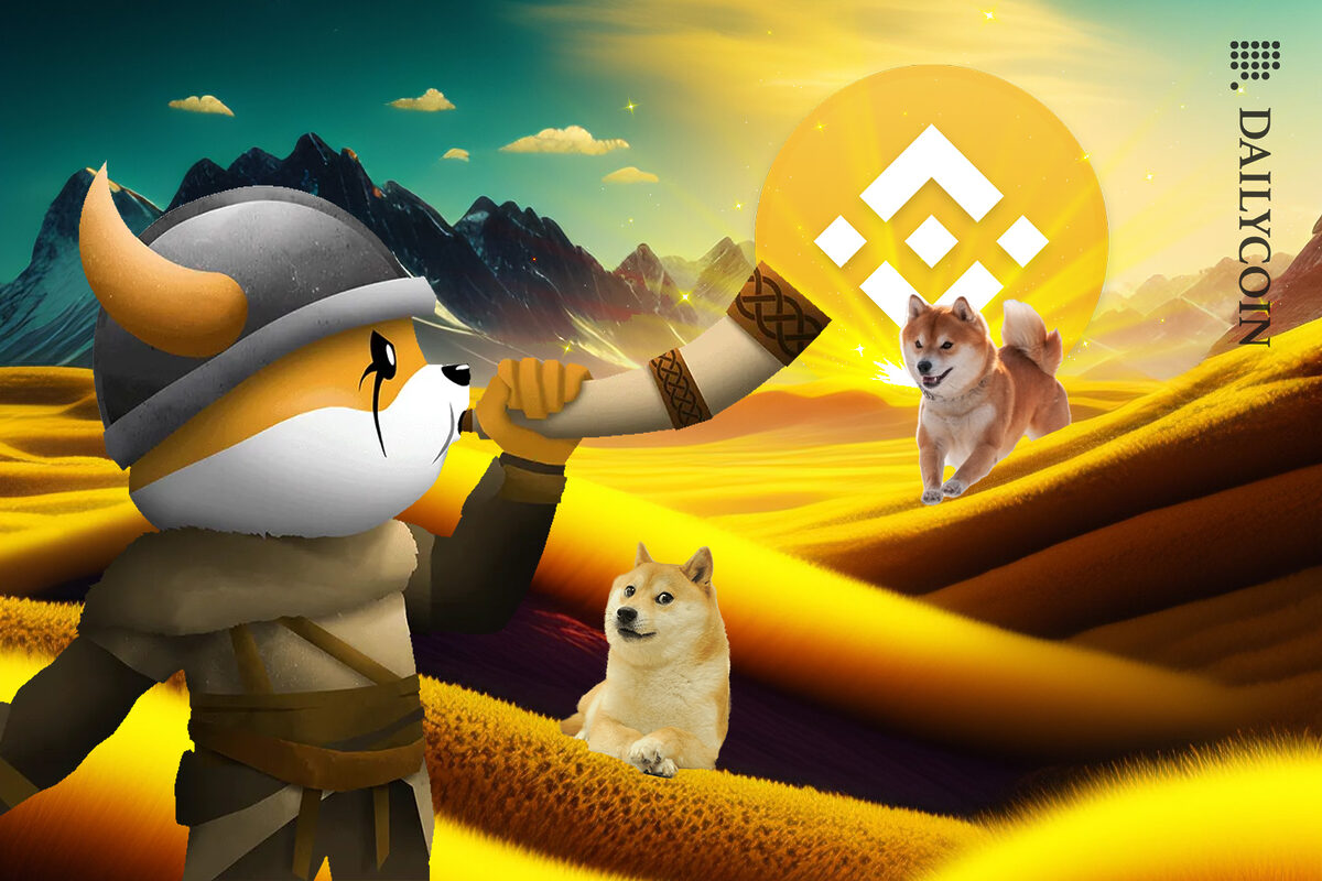 Floki Inu in front of Shiba inu and doge blowing a Viking horn in a desert with a rising Binance sun.