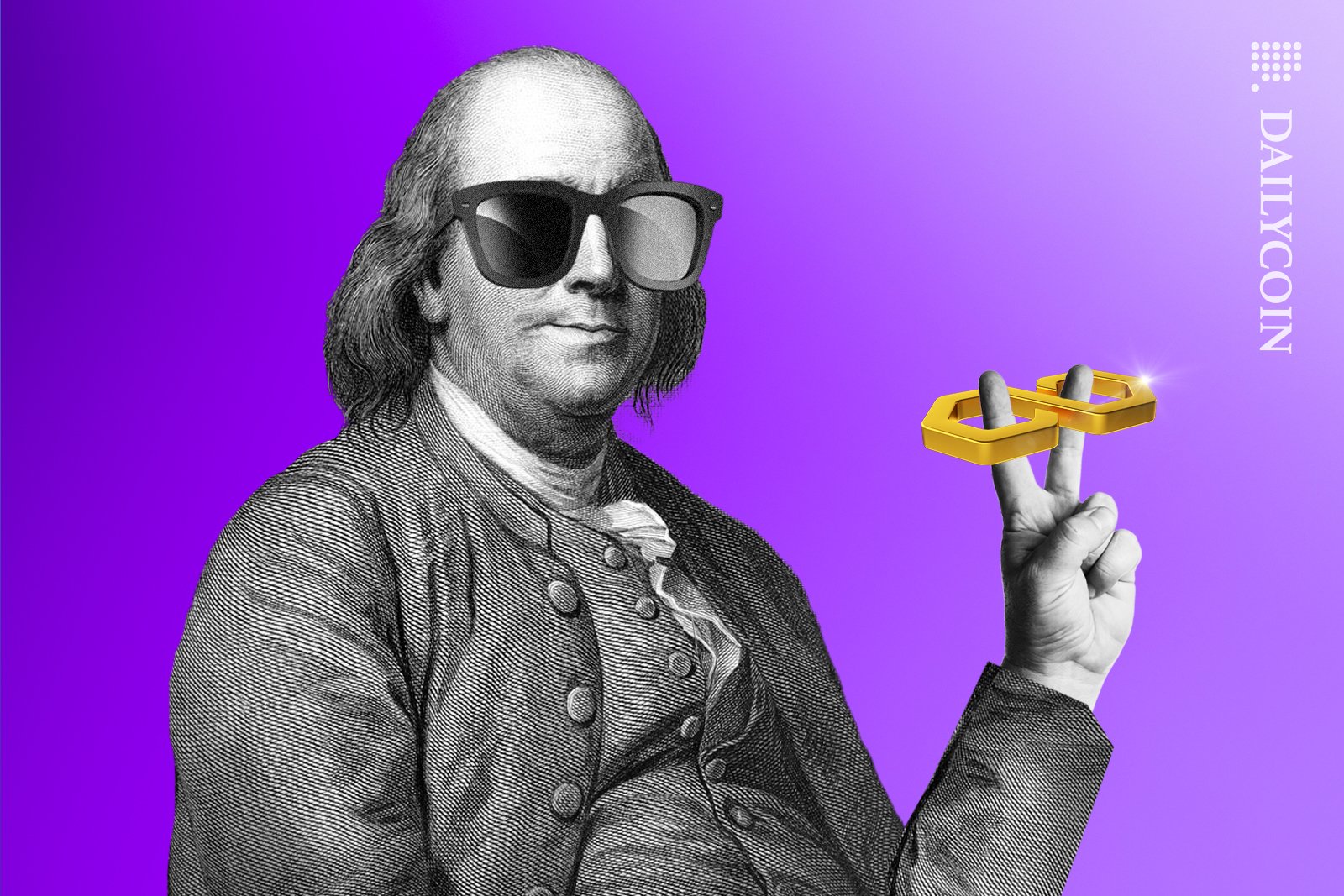 Benjamin franklin with sunglasses holding up a peace sign and polygon (MATIC) 3D logo on 2 fingers.