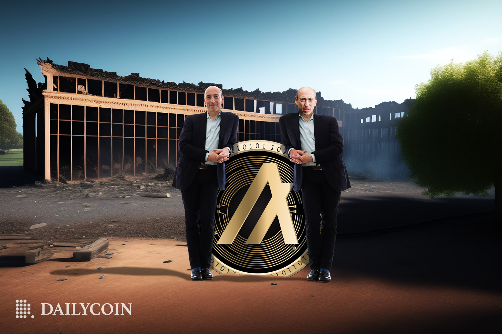 Two identical Gary Genslers stand next to an Algorand coin next to an abandoned factory building.