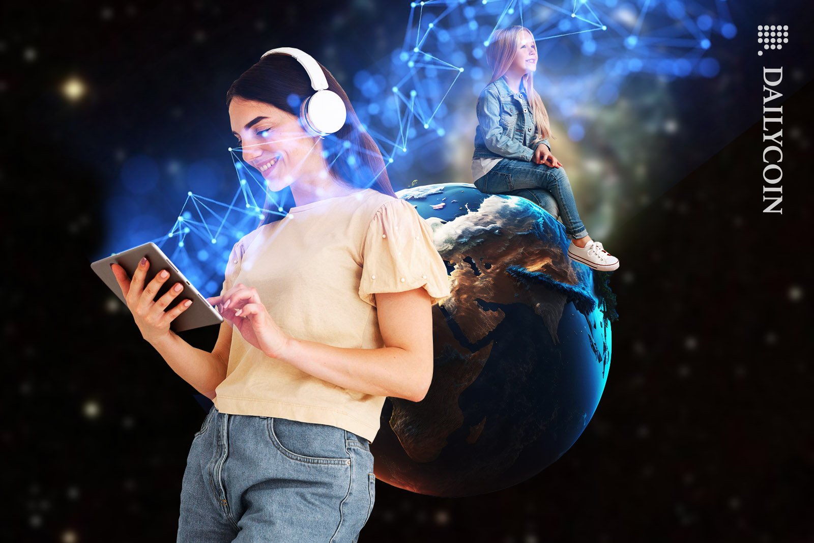 Woman wearing white headphones reading an Ipad with a blockchain network going out of it while a little girl is sitting on a tiny earth.
