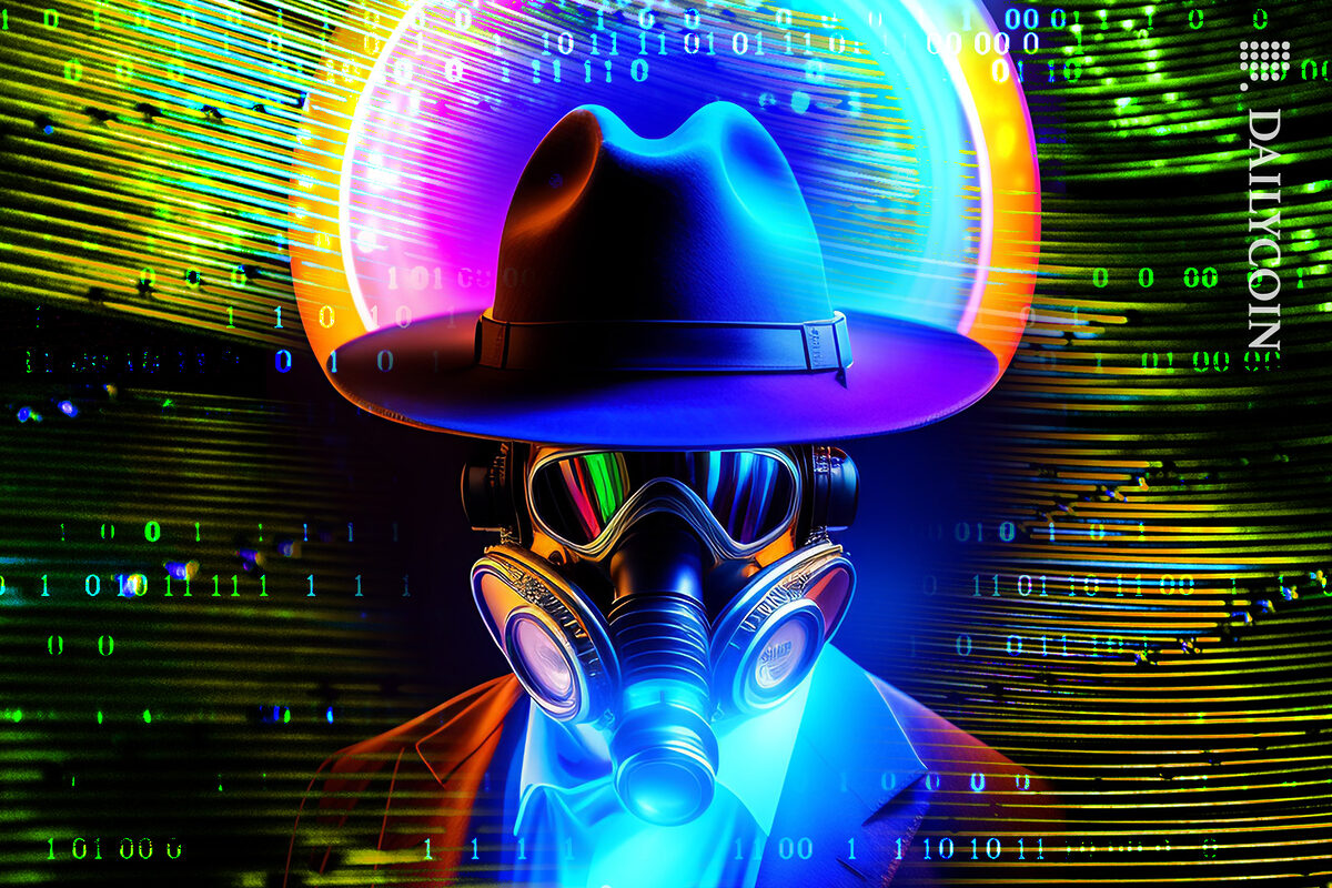 A man wearing a gas mask and a hat inside of hacked code.