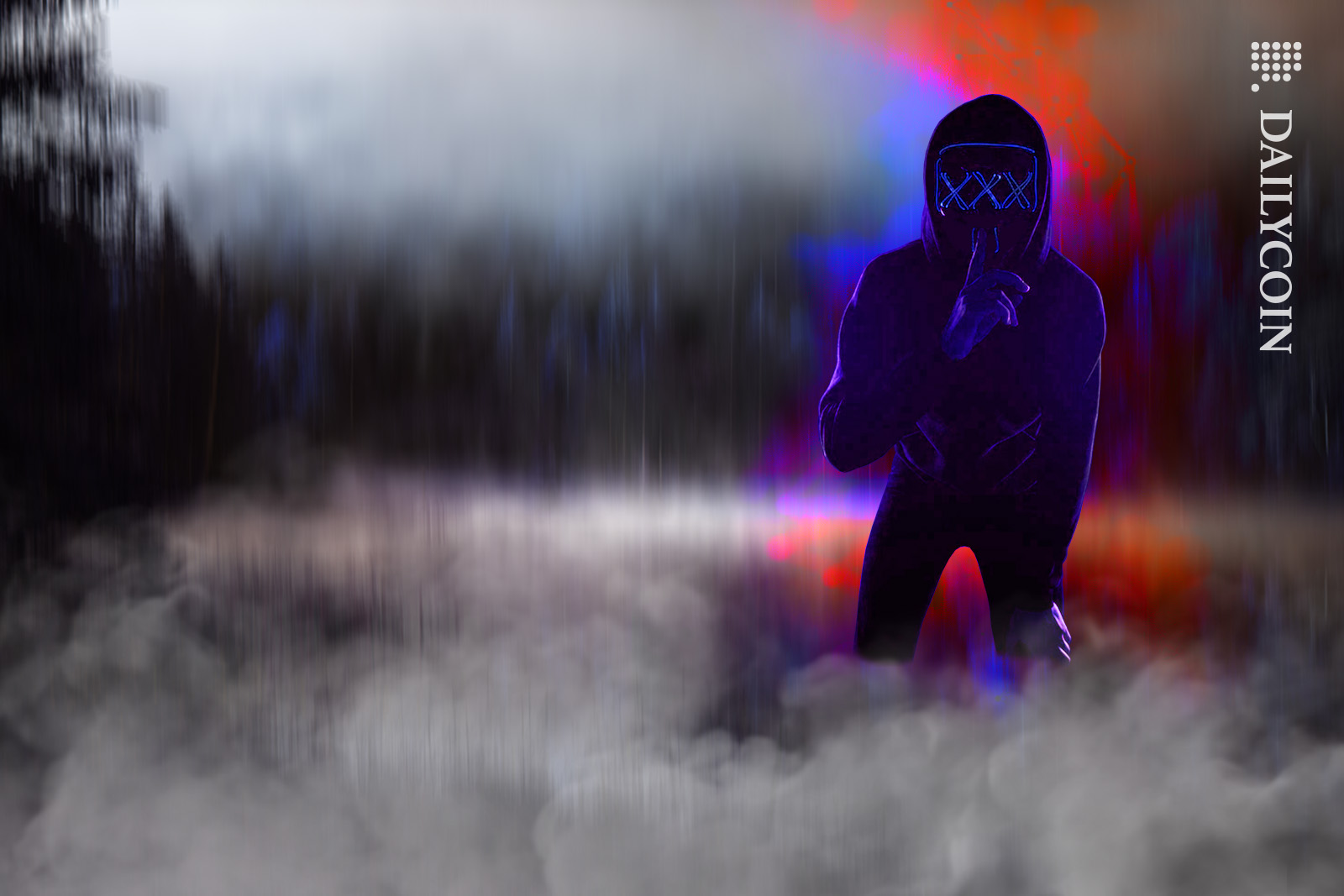 Purple hacker at a misty swamp gesturing hush with finger on lips while red blockchain-shaped smoke coming up behind him.