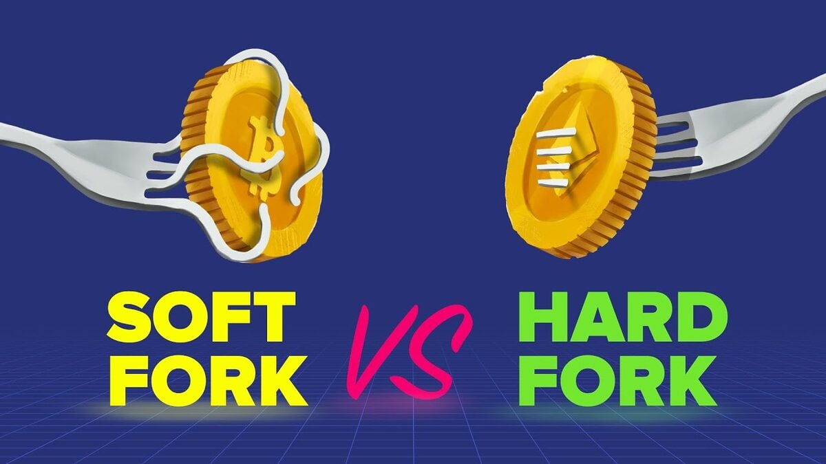 Two forks attached to crypto coins comparing soft fork and hard fork