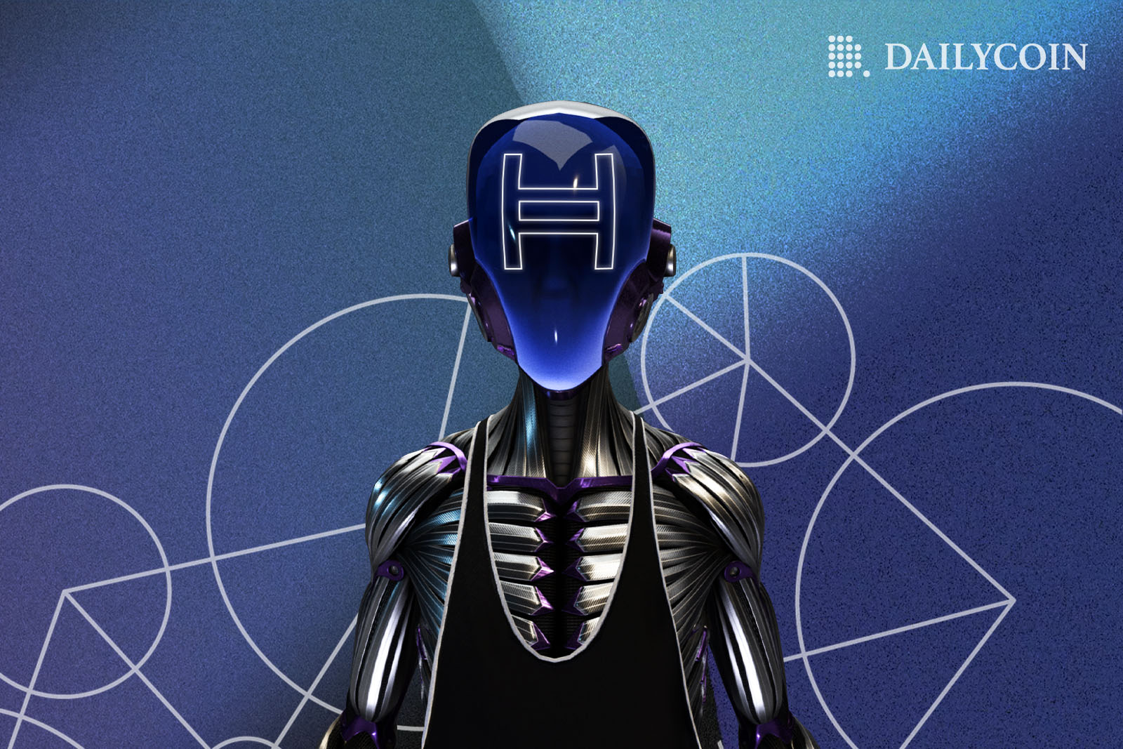 A metal robot with Hedera facemask standing in front of a blue background with circles.