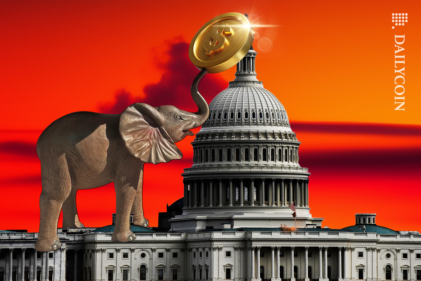 An elephant holding a stable coin with his tusk is standing on a United States Capitol.