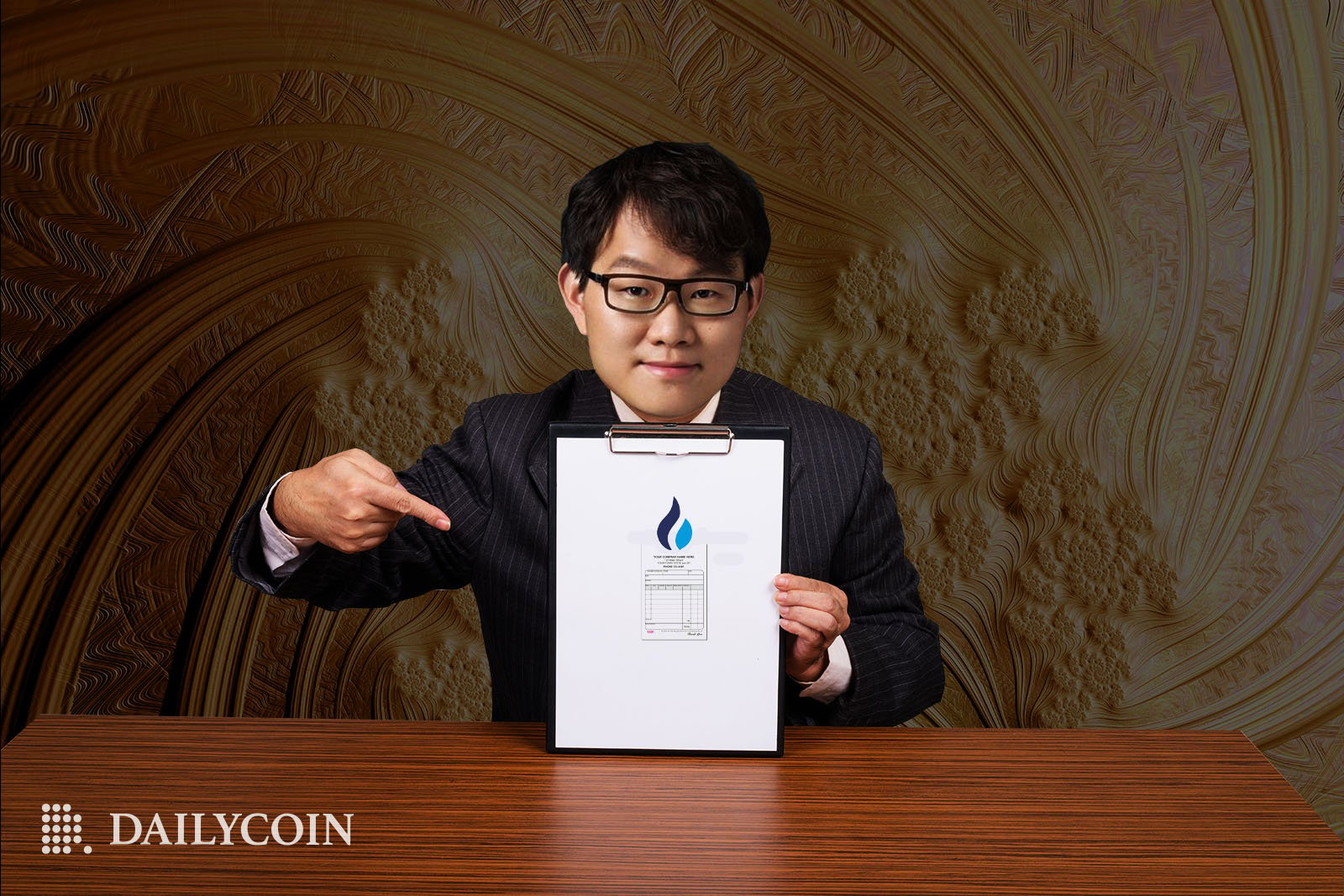 Leon Li sitting at the brown table and holding Huobi Scant report.