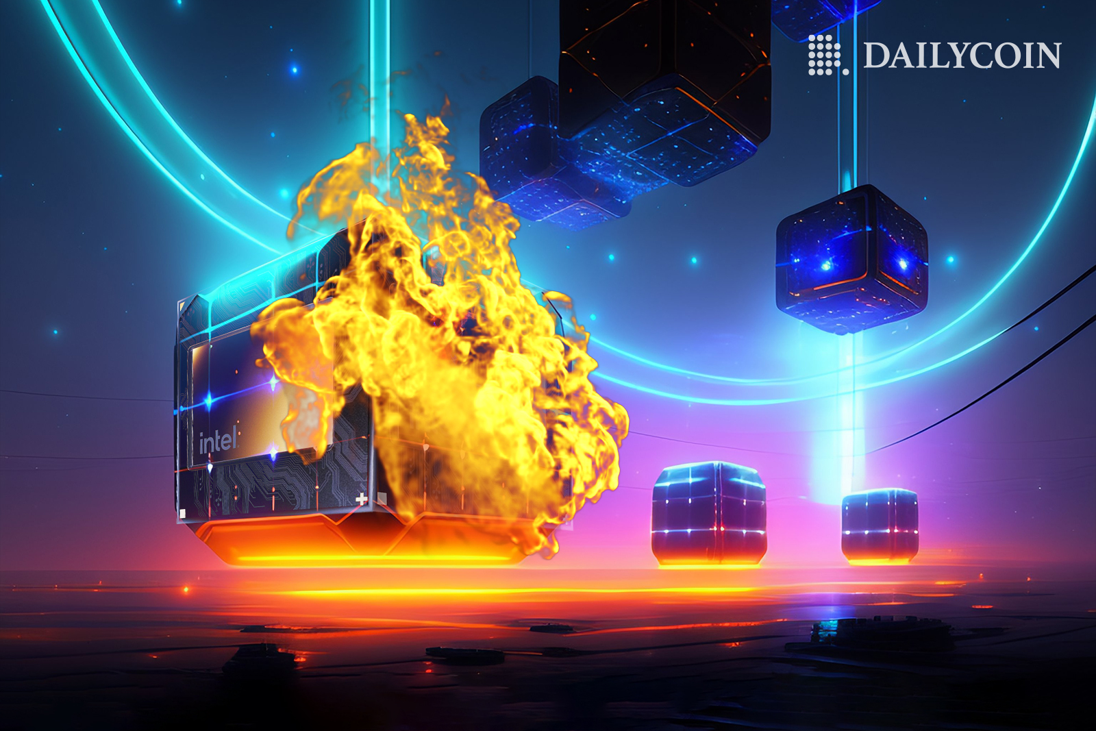Blocks in space representing Intel's chips. One is on fire.