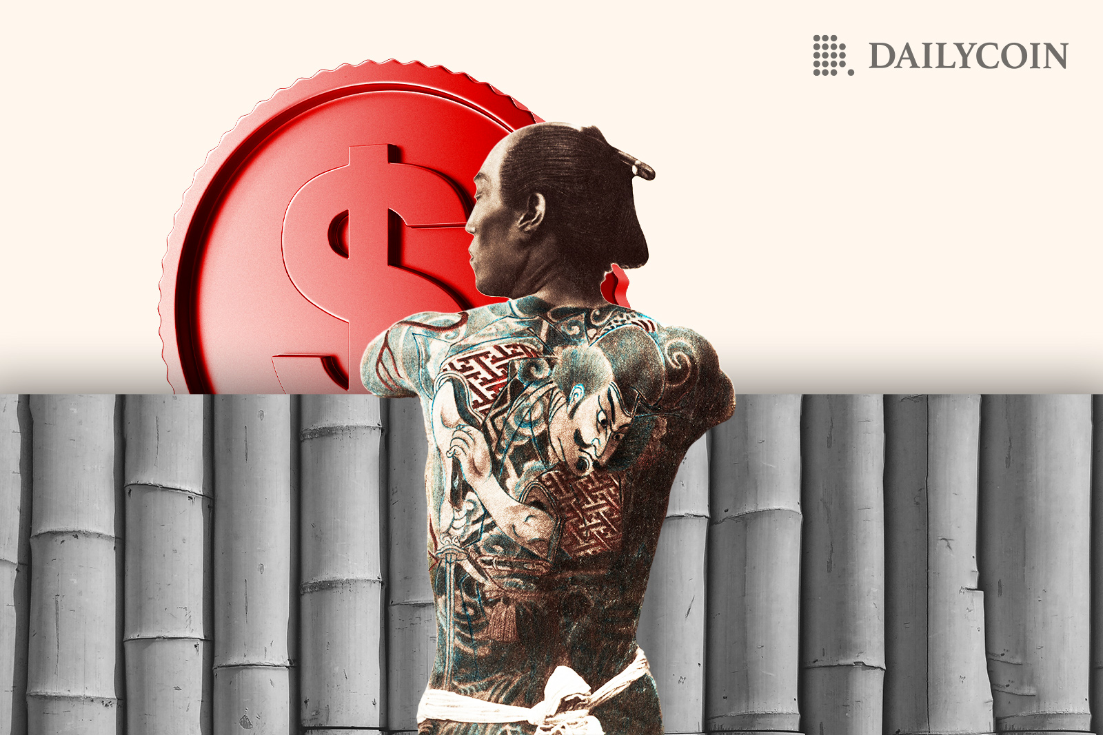 A man with a tattoo sleeve leaning on a metal fence in front of a Japan coin.