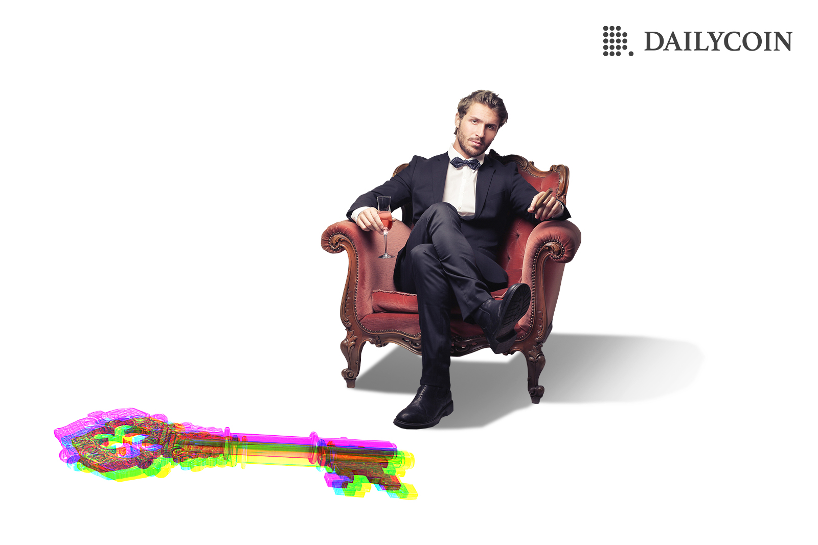 Elegant man sitting in an armchair holding a cigar next to a digital key.