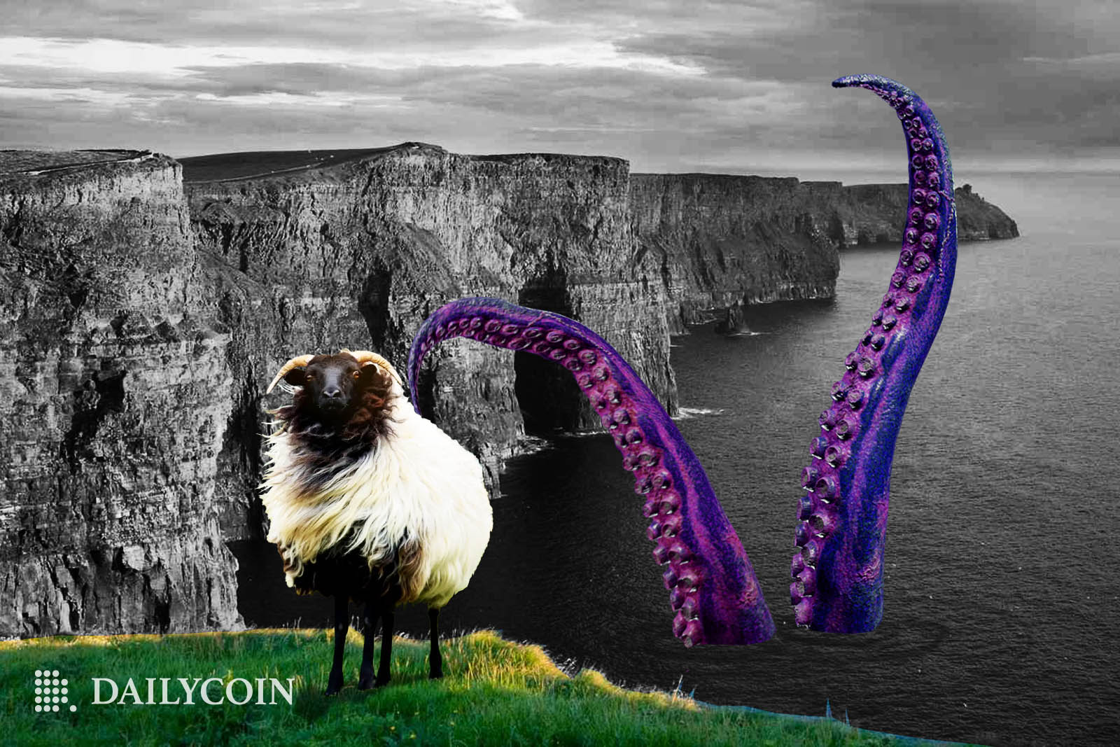 A sheep on the shores of Ireland, with a Kraken in the sea.