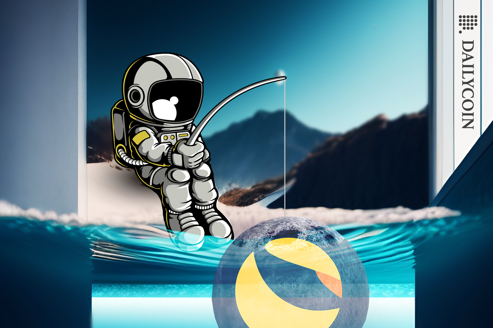 Astronaut sitting on snow edge fishing out a moon of Terra Luna logo.